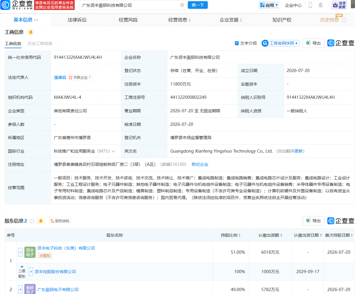贤丰控股等成立科技公司，含集成电路设计业务